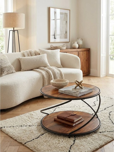 Runder Couchtisch aus Sheesham Massivholz und Metall in Braun von KADIMA DESIGN mit Stauraum, B/T/H: 58 x 58 x 35 cm - Bild 1