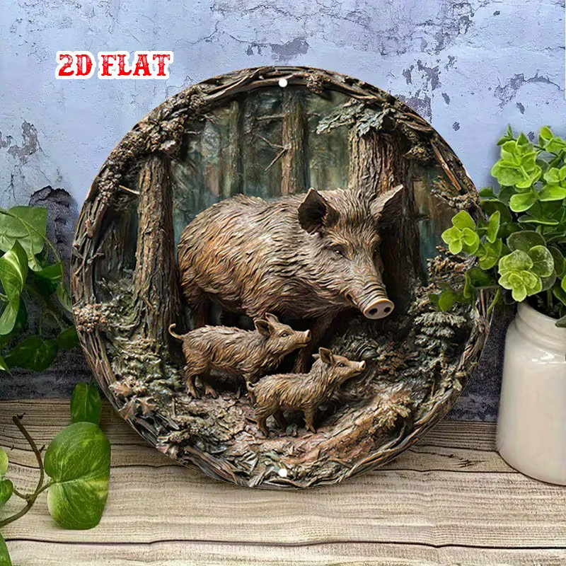 HELLOYOUNG Wildschwein-Familie Metall-Wandkunst rundes Aluminiumschild in Braun für Waldthema und Retro-Dekor - Bild 3