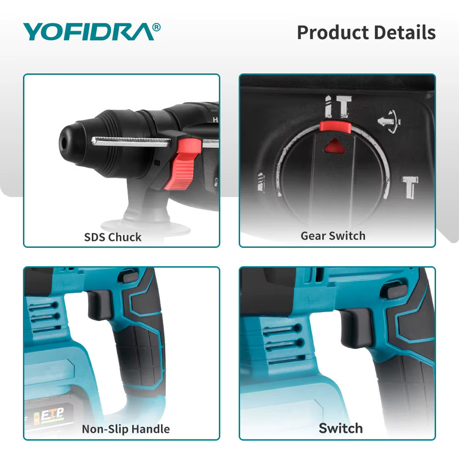 YOFIDRA Bürstenloser Elektro-Bohrhammer 26mm, kabelloser Multifunktions-Bohrhammer mit 21V Akku-Kompatibilität für Makita - Bild 2