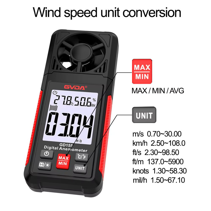 Gvda Digitales Anemometer GD155 in Schwarz zur Messung von Windgeschwindigkeit, Temperatur und Windchill mit LCD-Hintergrundbeleuchtung - Bild 5