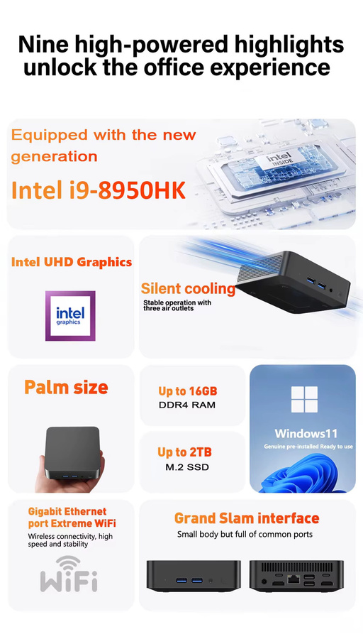 Intel Core i9-10980HK Mini-PC mit 16GB RAM, 256GB SSD, Windows 11, WiFi 6, Bluetooth 5.2 und Ethernet in Schwarz - Bild 3