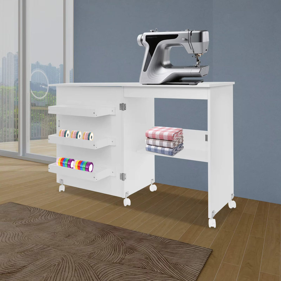 Bymaocar Klappbarer Nähtisch mit Rollen und Ablagefach in Weiß, Rollender Nähmaschinenschreibtisch aus MDF für Schlafzimmer und Home Office - Bild 2
