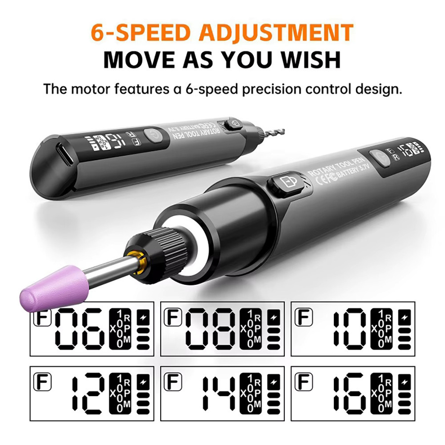Dreamburgh Elektrische Mini-Schleifmaschine in Grau mit LED-Anzeige, USB-Handbohrmaschine mit 16000 U/min und 6-stufiger Einstellung für Gravur, Schnitzen und Polieren - Bild 5