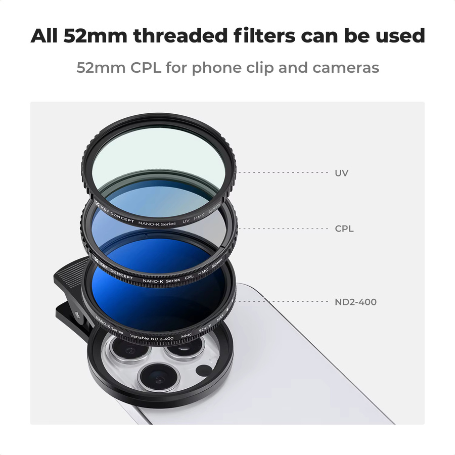 K&F CONCEPT Clip-on CPL Handyfilter-Set 52mm Zirkularer Polarisationsfilter in Schwarz für iPhone 15, 14 und 13 - Bild 3