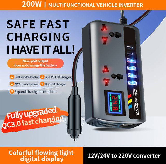 kebidumei Auto-Wechselrichter 200W von DC 12V/24V zu AC 220V mit PD+QC3.0 Dual Typ C und 4 USB-Anschlüssen als 9 in 1 Ladegerät für den Zigarettenanzünder - Bild 1