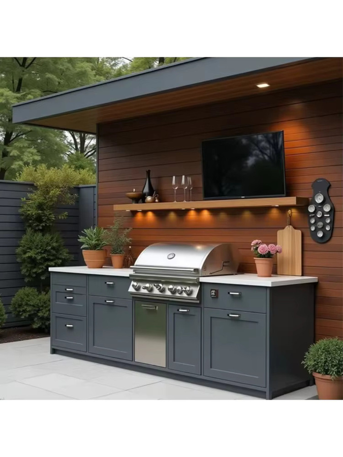 MODX Outdoor-Kücheninsel mit BBQ-Grill aus Aluminium in Grau mit Steinplatte und wasserdichtem Schrank - Bild 2