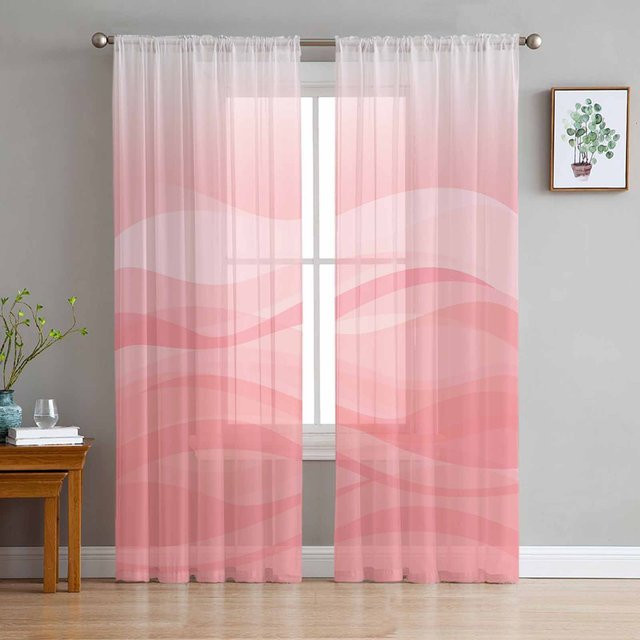 Transparente Vorhänge mit Farbverlauf und Wasserwellenmuster in Rosa und Weiß, Tüll-Voile-Organza-Gardinen für Wohnzimmer und Küche, Breite: 135 cm, Höhe: 115 cm - Bild 1