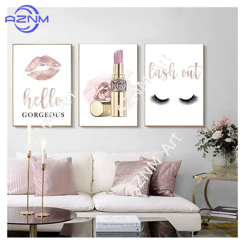 AZNM Wandkunst Set Hello Gorgeous in Roségold und Weiß, Leinwandgemälde mit Lippenstift und Wimpern Motiv für glamouröse Dekoration - Bild 3
