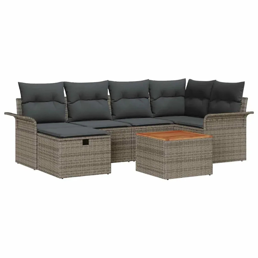 vidaXL Garten-Sofa-Set aus Polyrattan und Akazienholz in Grau, 7-teiliges L-Shape Lounge-Set mit Kissen, Ottoman und Couchtisch inklusive integriertem Kissen-Stauraum - Bild 2