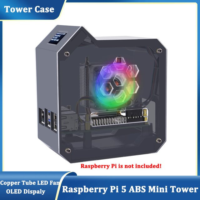 GeeekPi Raspberry Pi 5 ABS Mini Tower Komplettset in Schwarz mit Eisturm Kühler, 0,96 Zoll Display und Netzteil - Bild 1