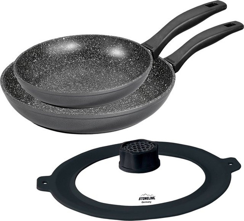 STONELINE 3-teiliges Pfannen-Set mit Deckel aus Aluminium in Schwarz mit Antihaftbeschichtung
