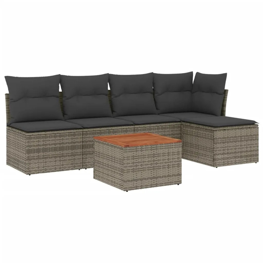 vidaXL 6-tlg Garten-Sofagarnitur aus Poly-Rattan und Akazienholz in Grau mit Kissen - Bild 2