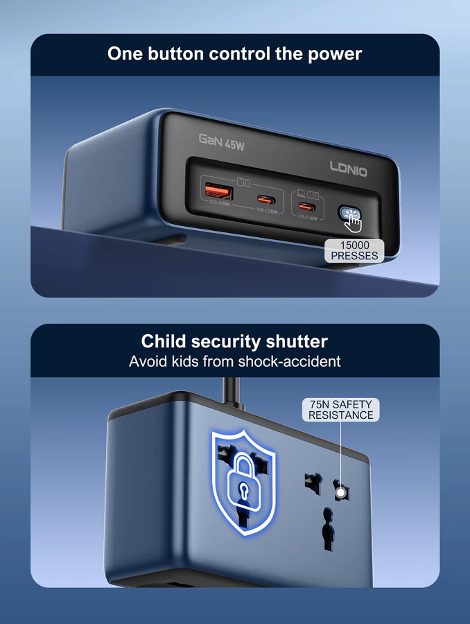 LDNIO Cube Schnellladegerät Steckdosenleiste mit 45W USB-C Ladestation in Blau - Bild 4