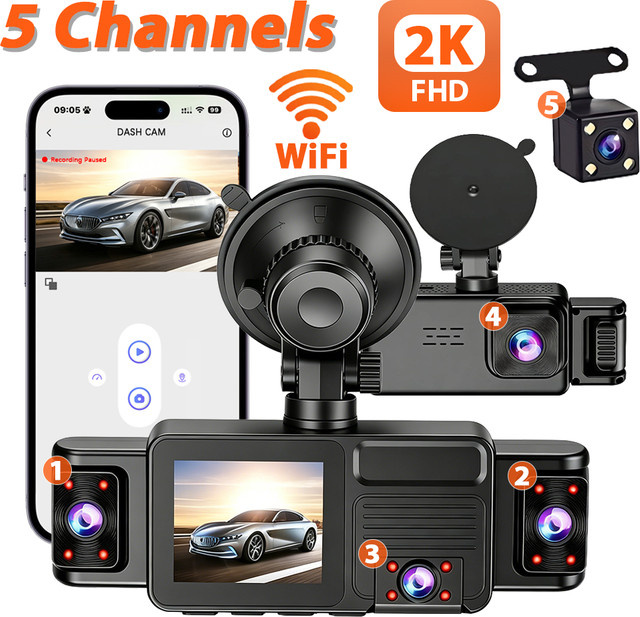 GMAIPOP 5-Kanal Auto-Dashcam mit 360 Grad Panorama-Aufnahme, 2K HD WLAN Auto-DVR, 24/7 Parküberwachung, Nachtsicht, G-Sensor und Schleifenaufzeichnung in Schwarz - Bild 1
