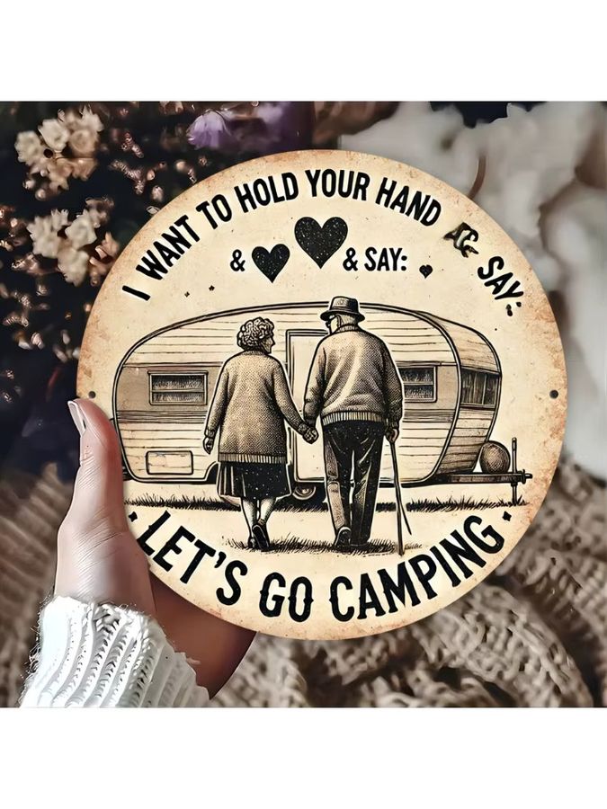 HELLOYOUNG Vintage-Wandschild aus Aluminium mit Camper-Van und Herzmotiven, I Want to Hold Your Hand & Say Let's Go Camping, B: 20 cm, H: 20 cm, T: 1 cm - Bild 4