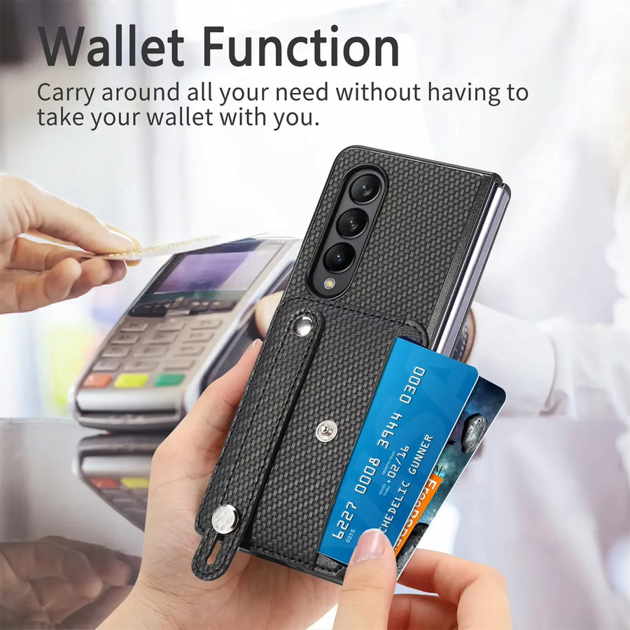 Lederhülle mit Kohlefaser-Armband und Kartenhalter für Samsung Galaxy Z Fold 5, Z Fold 4 und Z Fold 3 5G in Schwarz oder Grün - Bild 3