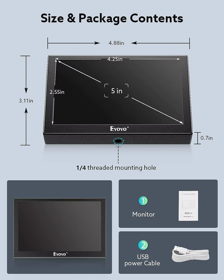 Eyoyo 5-Zoll Mini-LCD-Monitor in Schwarz mit HD-TFT-Bildschirm, 800 x 480 Auflösung, 140 Grad Weitwinkel und integriertem Lautsprecher sowie HDMI, VGA und AV Videoeingang - Bild 6