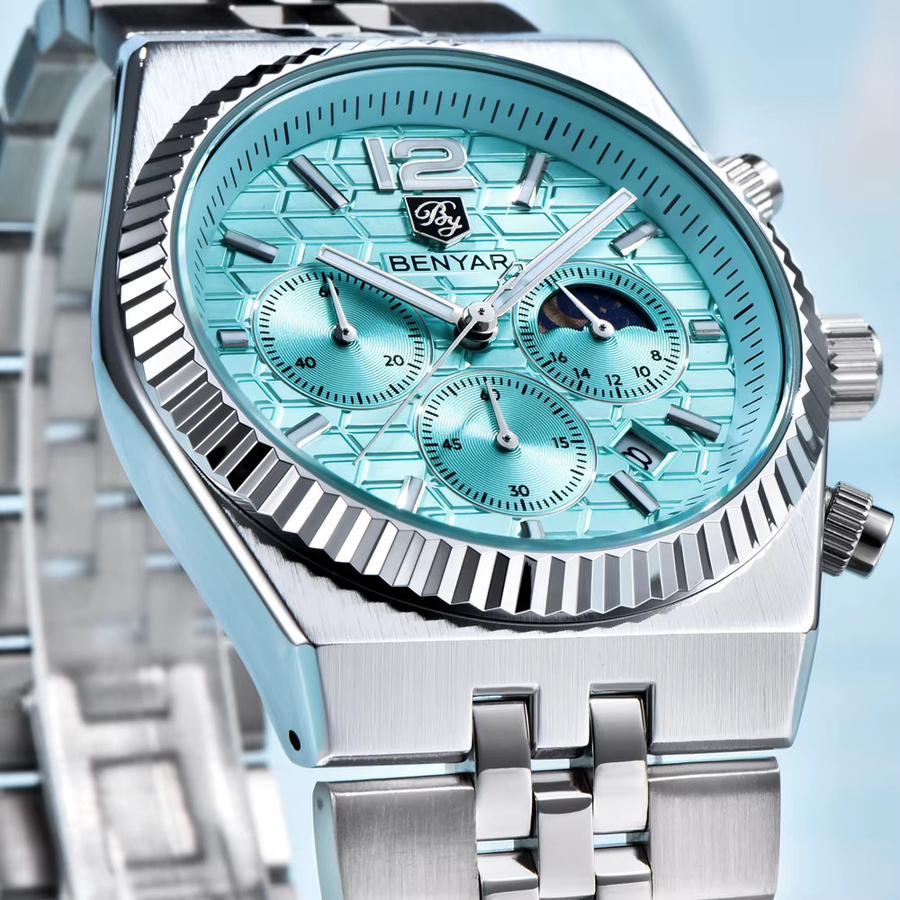 BENYAR Chronograph Armbanduhr, Quarz, Edelstahl, Blau, Herren - Bild 3