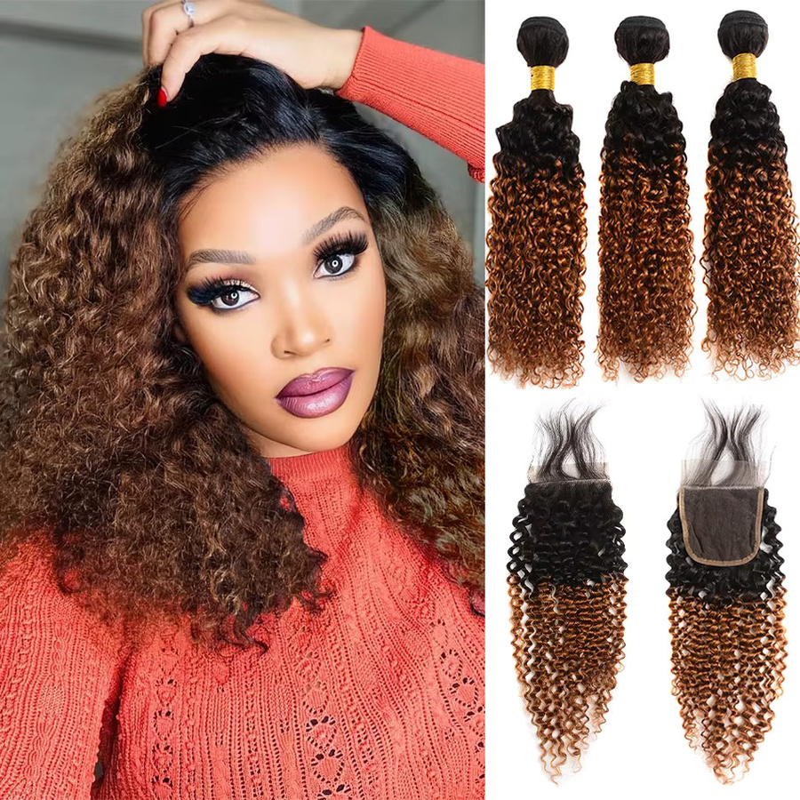 Dream Diana Jerry Curly Blonde Ombre Haarverlängerung, 4x4 HD-Spitzenverschluss - Bild 3