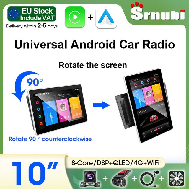 Srnubi 10 Zoll Universal Android Carplay Autoradio mit IPS-Bildschirm, 2Din Multimedia-Player inklusive GPS und 4G-Navigation in Schwarz - Bild 1