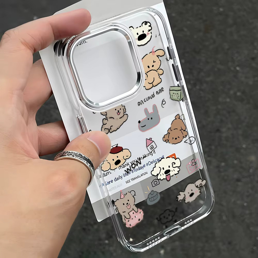 Stoßfeste Softcover Handyhülle mit Cartoon-Teddy-Hund Design für iPhone 11 bis iPhone 17 Pro Max in Silber/Transparent mit Linsenrahmen - Bild 2