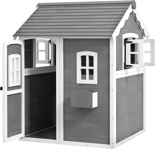Outsunny Kinderspielhaus aus Holz in Grau mit Tür, Fenster und Pflanzkasten als Gartenhaus für Kinder - Bild 1