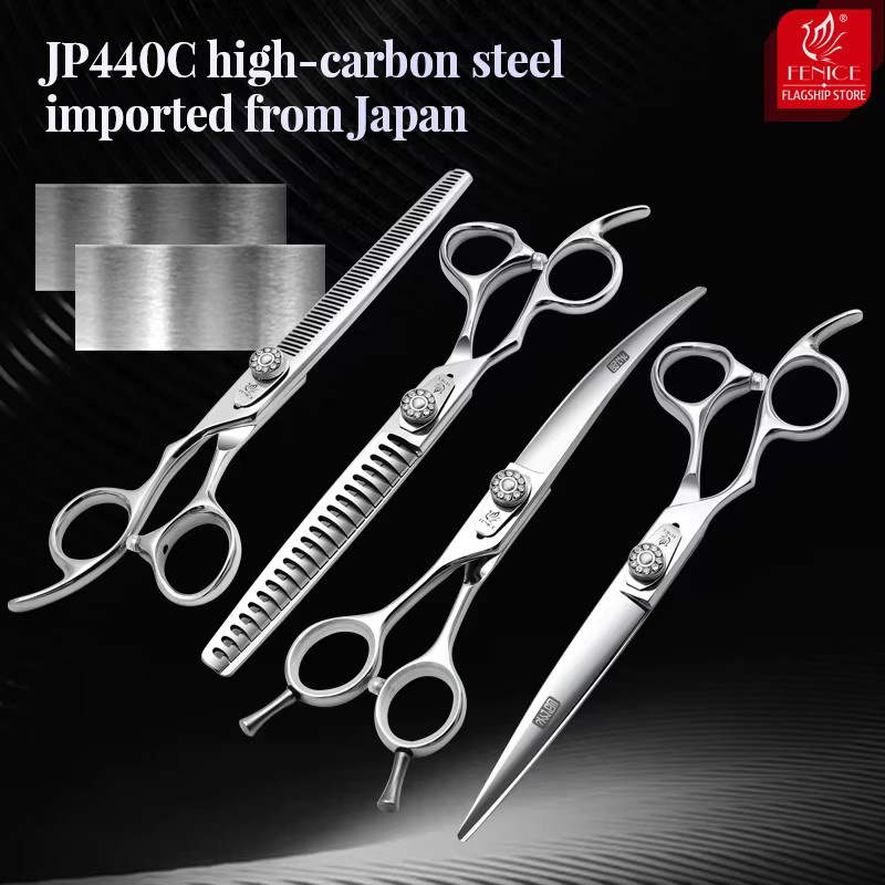 Fenice JP440C Professionelles 7-Zoll-Scheren-Set für die linke Hand in Silber aus Edelstahl mit gerade, gebogen, Chunker und Effilierschere für die Hundepflege - Bild 2