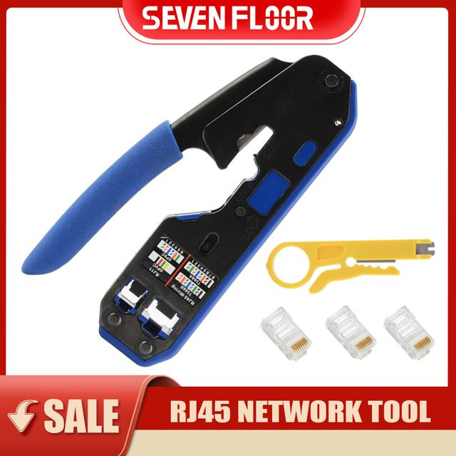 RJ45 Crimpwerkzeuge Set von Seven Floor für Ethernet LAN Kabel Cat6 Cat5e Cat5 inklusive Abisolierzange und Stecker in Blau - Bild 1