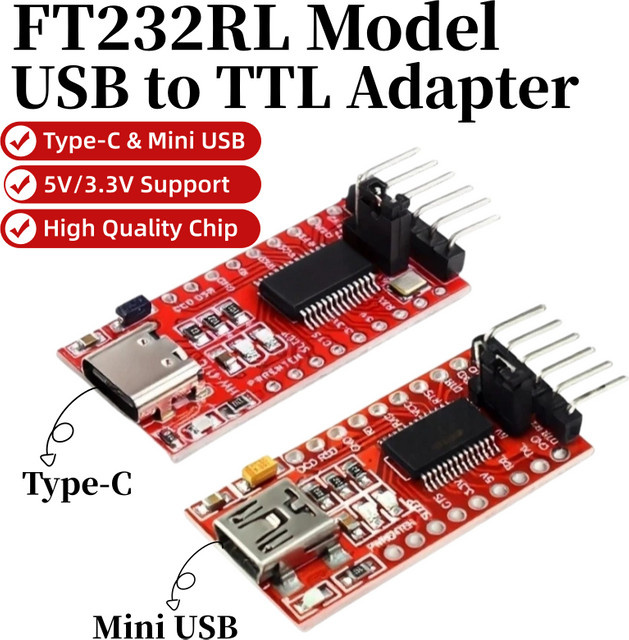 FTDI USB zu TTL Serieller Adapter FT232RL mit USB-C Anschluss, 3.3V bis 5.5V, Rot - Bild 1