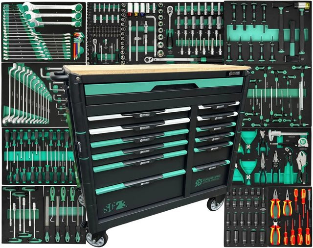 DeTec XXL Werkstattwagen Premium-Line mit 13 Schubladen, 11 gefüllten Werkzeugsets, abschließbar und mit Holz-Arbeitsplatte - Bild 1
