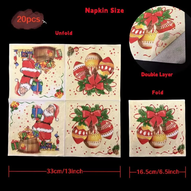 GUANYAO Weihnachtsservietten mit Santa Claus, Glocken, Kranz und Tannenzapfen Motiv, 2-lagig, 20 Stück, Multicolour - Bild 2