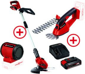 Einhell Power X-Change Rasentrimmer Set in Rot mit Teleskopstange, Akku-Lautsprecher, Gras- und Stauchschere sowie Akkus und Ladegerät - Bild 1
