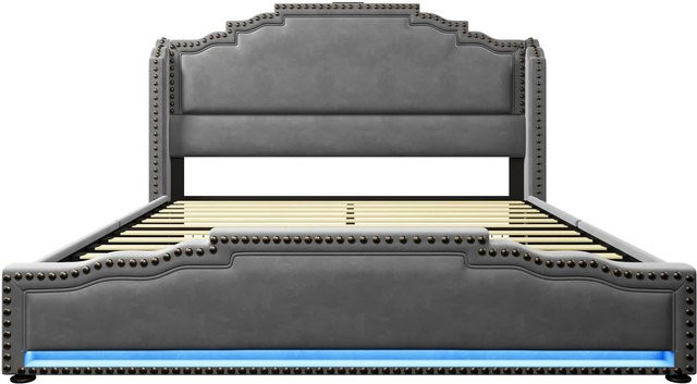 okwish Polsterbett Grau mit LED-Unterbettbeleuchtung, USB-Ladeanschluss und Schubladen, B/T/H: 140 x 200 x 149 cm - Bild 1