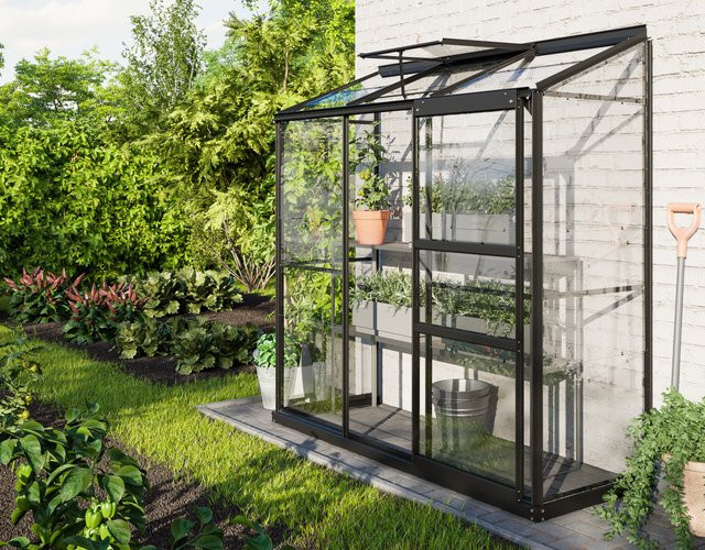 Vitavia Anlehn-Gewächshaus Ida 1300 in Schwarz mit 1,3 m² Fläche, ESG-Glas, Schiebetür und Dachfenster - Bild 1