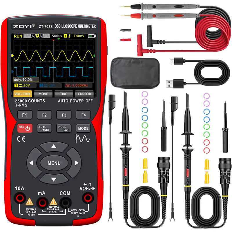 Zoyi 703s Multifunktions-Oszilloskop-Multimeter 3-in-1 mit Zweikanal-Farbbildschirm in Rot - Bild 3