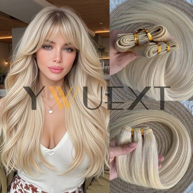YWUEXT Echthaar-Tressenverlängerungen, glatt, blonde Haarbündel, 50g, Damen - Bild 1