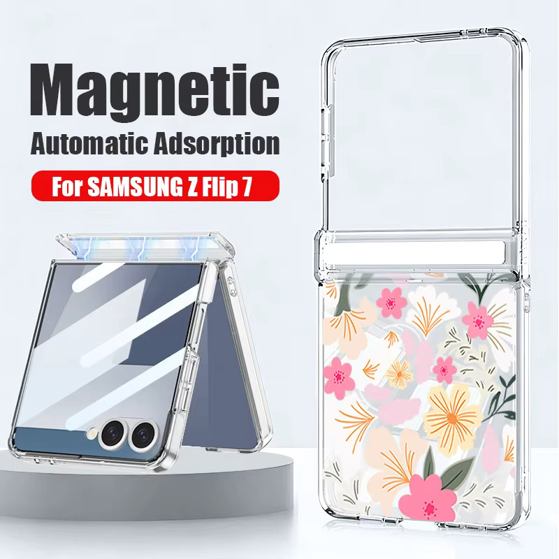 Magnetische Adsorptions-Handyhülle mit buntem Blumendruck für Samsung Galaxy Z Flip6 und Z Flip5, faltbare PC-Schutzhülle in Multicolour und Transparent - Bild 3