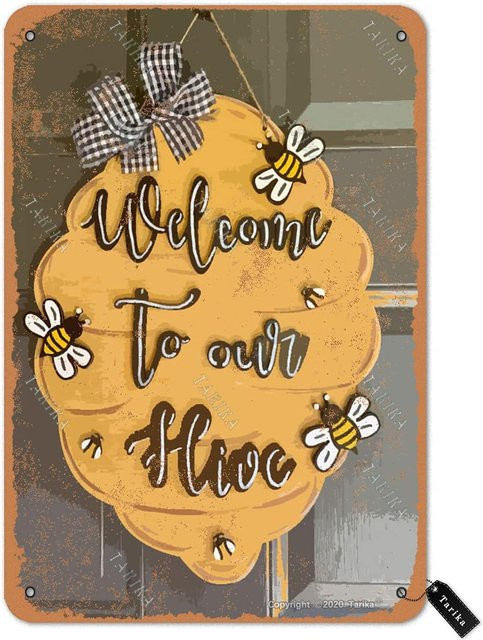 QSHPO Metallschild Welcome To Our Hive Vintage Wanddekoration B: 20,0 cm, H: 14,0 cm, T: 1,0 cm, Gelb - Bild 1