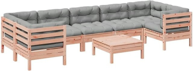 vidaXL 8-tlg. Garten-Sofagarnitur aus Massivholz Douglasie in L-Form mit Kissen und Ottoman, Farbe: Braun/Grau - Bild 1