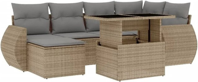 vidaXL 7-teilige Garten-Sofagarnitur in L-Form aus Poly-Rattan mit Kissen in Beige-grau - Bild 1