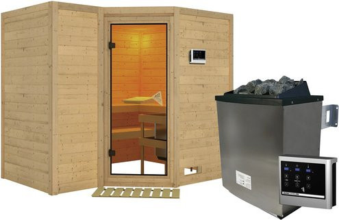 Karibu Sauna Riga 2 für 4 Personen mit 9 kW Saunaofen und externer Steuerung, beige - Bild 1