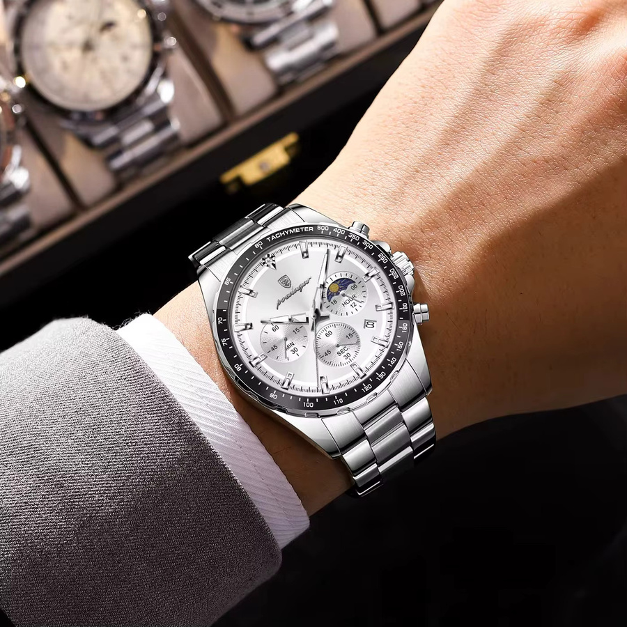 POEDAGAR Chronograph Armbanduhr, Quarz, Edelstahl, Silber, Herren - Bild 5