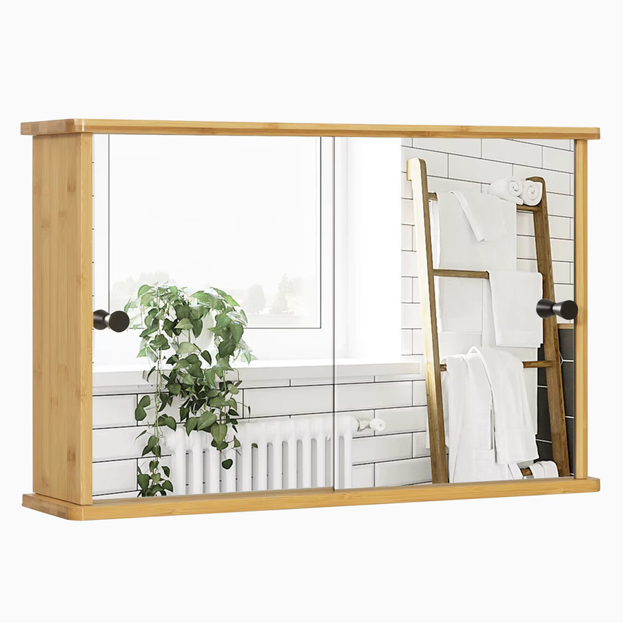 EUGAD Bambus-Spiegelschrank für das Badezimmer in Braun mit Schiebetüren und verstellbaren Regalen, B/T/H: 55 x 14 x 35,5 cm - Bild 1
