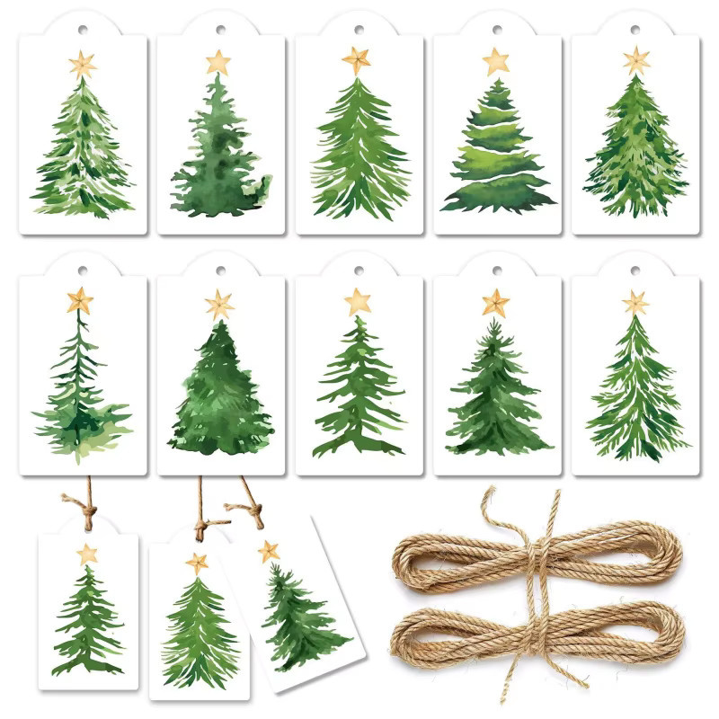60 Stück Weihnachtsbaum-Ornament-Tags aus weißem Papier mit Aquarell-Kiefernbaum-Motiv und Hanfschnur zur DIY-Dekoration und als Geschenkanhänger - Bild 2