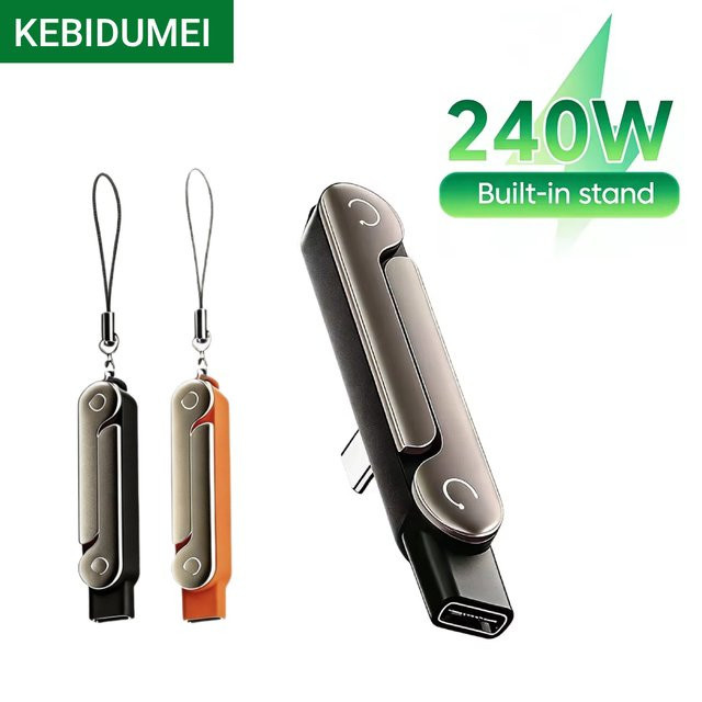 kebidumei 240W Typ-C Ladehalterung Adapter mit klappbarem Halter, OTG USB-C Stecker auf USB-C Buchse Konverter, Schwarz - Bild 1