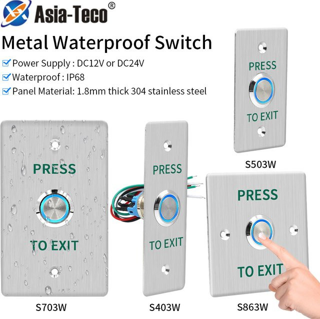 Asia-Teco Wasserdichter Tür-Druck-Ausgangsknopf zur Tor-Entriegelung in Silber, COM NC, ohne LED-Hintergrundbeleuchtung für Außenbereiche und Türzugangskontrollsysteme - Bild 1