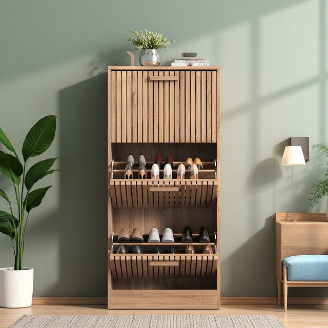 Comanlai Schuhschrank aus Holz in Braun mit 3 Klappen im Vintage-Design für Flur, Wohnzimmer und Schlafzimmer - Bild 1