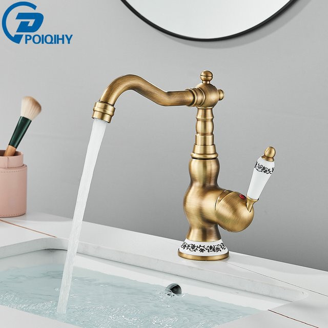 Antiker Messing-Wasserhahn von poiqihy in Gold mit drehbarem Auslauf für Waschbecken und Küche - Bild 1