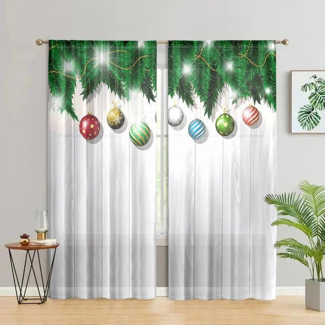 2er-Set dekorative Vorhänge mit weihnachtlichem Kugeldruck in Weiß und Multicolour, halbtransparent, B: 150 cm, H: 166 cm - Bild 1