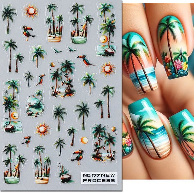 AuuuGBeau Nagelaufkleber, 3D Tropische Kokospalmen und Blumen, Unisex - Bild 1